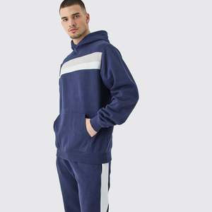 Conjunto de chándal a rayas azul marino y blanco para hombre, Sudadera con capucha y pantalones para correr con logotipo personalizado, ropa deportiva para gimnasio, venta al por mayor, OEM - Product Image 2