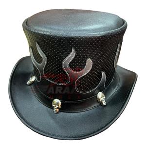 Chapeau haut de forme Steampunk en cuir noir personnalisé avec crâne clous flamme Design chapeau de motard gothique pour hommes femmes Cosplay fête Festival porter - Product Image 1