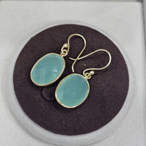 Pendientes de diseñador hechos a mano de Plata de Ley 925 Corte ovalado clásico único Aqua Calcedonia Piedra preciosa Oro natural y chapado en rodio - Product Image 3