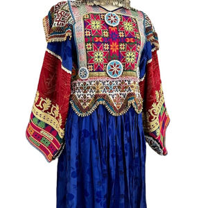 Afghan Kuchi Handmade Dress for <b>Women</b> Traditional Tribal Embroidered Afghani Long Flayar Multi-Colour Diamond Lace Button - Product Image 1