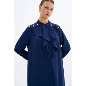 เสื้อคลุมลายดอกไม้สีกรมท่าสำหรับผู้หญิงมีระบายและกระดุมแบบลำลอง - Product Image 5