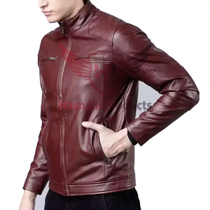 <b>Mens</b> Real Maroon Leather <b>Jacket</b> Quilted Shoulder Band Collar Sheepskin Burgundy Cafe Racer Coat Custom Biker Winter Outerwear - Product Image 3