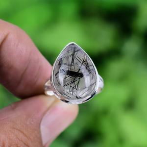 Anillo giratorio de rutilo negro con piedras preciosas hechas a mano de plata de ley sólida 925, anillo de regalo de boda Natural, Plata estampada 925 para fiestas - Product Image 2