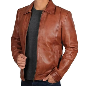 Men's Casual Turn Down Collar Zip up <b>Long</b> Sleeve Brown Color Moto Stylish PU Faux <b>Leather</b> Motorcycle <b>jacket</b> for men - Product Image 3