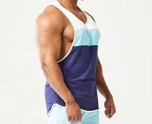 Camiseta sin mangas deportiva de punto con bloques de color para hombre, cuello redondo, de secado rápido, patrón sólido azul, blanco y azul claro, al por mayor - Product Image 5