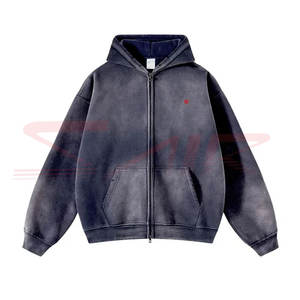 Sweat à capuche zippé en molleton épais délavé à l'acide pour homme, 100 % coton, haute qualité, imperméable, hiver, logo personnalisable - Product Image 1