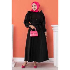 Vente en gros Robe hijab en tissu noir avec détails à volants Abaya musulmane de style ethnique pour adultes adaptée au travail - Product Image 4