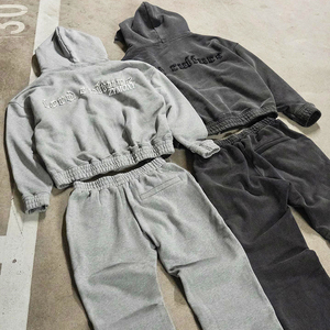 Ensemble de survêtement unisexe en molleton épais avec logo Distress Patch, effet délavé à l'acide, deux pièces, sweat-shirt à fermeture éclair et pantalon de survêtement - Product Image 2