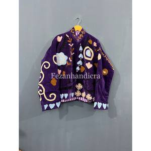 Purple Velvet Floral Embroidery Women's Short <b>Jacket</b> Coat Autumn Winter <b>Hippie</b> Style Suzani Fabric Cotton Lining Knitted - Product Image 5