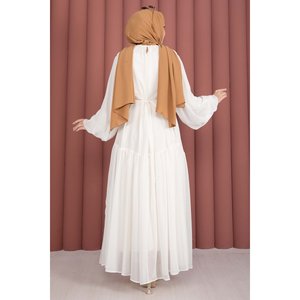 Vestido de Gasa Color Crudo con Cinturón, Detalle Fruncido, Estilo Imperio, Corte A, Largo hasta el Suelo, de Poliéster, con Encaje, Cuentas y Estampado Floral - Product Image 5