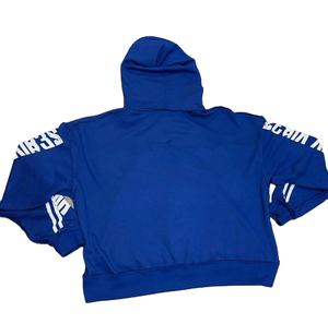Azul desgastado doble bolsillo pantalla impresa de gran tamaño cremallera Unisex Sudadera con capucha de peso pesado Zip Up Hoodie - Product Image 3