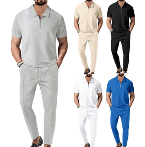 ชุดเสื้อผ้า2ชิ้นสำหรับผู้ชายชุดวอร์มวาฟเฟิลแบบกำหนดเองขนาดใหญ่ชุดวิ่งจ๊อกกิ้งแขนสั้นสำหรับผู้ชาย - Product Image 2