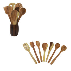 Cuillères de service et de cuisine en bois, ensemble de 6 ustensiles de cuisine en bois brun, bois d'acacia, outils de cuisine, accessoires de cuisine - Product Image 4