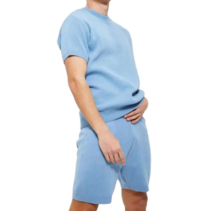 Conjunto de Camiseta de Punto con Cuello en V y Pantalones Cortos para Hombre, Talla Grande, Color Azul Claro, Estilo Casual para Verano - Product Image 1