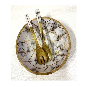 Good Quality Enamel Work Luxury Wooden Bowl With Spoon for <b>Dinnerware</b> Bowls Modern Design Mango Round Wooden Bowl - Product Image 1