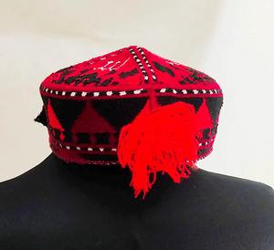 Authentic Afghan Geometric Pattern <b>Hat</b> In Red And Black Embroidery Featuring Triple Medallion Silver Chain Fringe Traditional - Product Image 6