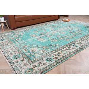 Alfombra Turca Vintage Grande de 6.1x9.4 pies, Alfombra de Lana Sólida Azul y Blanca - Product Image 1