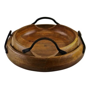 Cuenco de madera para ensaladas, frutas, comida, cuenco para servir, acacia, artesanía, 2 cuencos de madera con mango de metal - Product Image 1