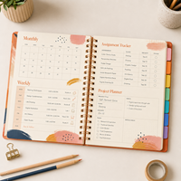 LABON Agenda Scolaire Personnalisé 2027 2028 A5 B5 Spirale Couverture Rigide Onglets Colorés Autocollants Organisateur Mensuel et Hebdomadaire OEM ODM