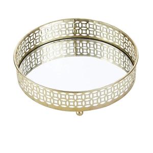 Plateau de service décoratif artisanal en métal et verre pour la maison, l'hôtellerie et la restauration, avec bordure dorée design, plateau de service arrondi - Product Image 1