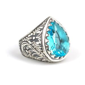 <b>925</b> Sterling <b>Silver</b> Men's <b>Ring</b> with Aquamarine Stone Drop Pear Cut Diamond Pen-Shaped Design Bezel Setting for Everyday Wear - Product Image 3