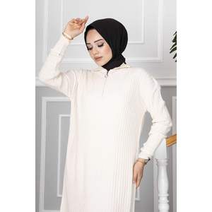 Media cremallera Hijab Vestido de punto crema - Product Image 4
