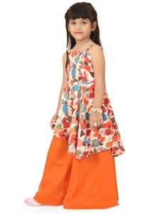 Ensemble Kurti et pantalon palazzo pour enfants Shoryam Fashion, sans manches, imprimé feuilles, entièrement cousu, pour les fêtes |   Filles, style ethnique estival vibrant - Product Image 3
