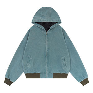 Sweat-shirt à capuche surdimensionné délavé à l'acide de haute qualité, veste à capuche zippée en denim à manches bouffantes - Product Image 1