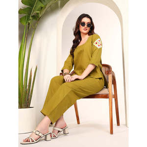 DEEBACO Women's Green Solid Embroidered Patch Work Co-Ord <b>Set</b> Casual V-Neck <b>Square</b> Neck Top With Ankle Length Trouser Summer - Product Image 1