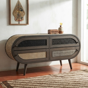 Bone Modern Apartment Nightstand Mahogany Wood Oval Bedroom Bedside Cabinet Handwoven Rattan Doors Premium Storage Organizer - Product Image 3