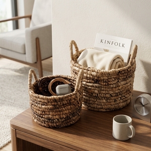 Ensemble de paniers de rangement en écorce de bananier naturelle, pot cylindrique avec anse en anneau épais enroulé, pot de fleurs, décoration artistique pure pour la maison, artisanat - Product Image 6