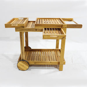 Chariot de bar portable en bois d'acacia avec étagère de rangement et plateau amovible pour les repas intérieurs et extérieurs - Product Image 4