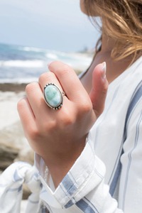Serene Larimar Oval <b>Thin</b> Band <b>Ring</b> Blue White Natural 925 Sterling Silver Handmade Organic Statement Jewelry Gift Bulk Product - Product Image 2