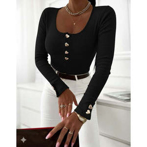 Blusa Camisola de Manga Larga para Mujer, con Escote Abierto y Detalle de Botones, 29753 - Negro - Product Image 3