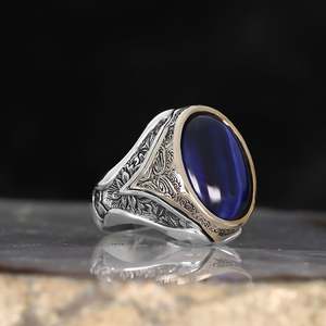 Anillo de Hombre Azuris de Alta Calidad, Estilo Otomano, Plata de Ley 925 con Piedra Natural Ágata Yamen, Hecho en Turquía, VALKH1775 - Product Image 1