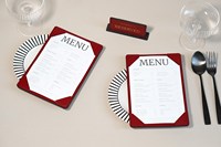 Pemegang Menu restoran kulit PU ukuran A4 kustom dengan pola akhir teknik pendukung rajutan Logo timbul untuk Hotel