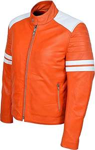 Veste en cuir en toile orange à rayures blanches de style motard pour le printemps - Product Image 3