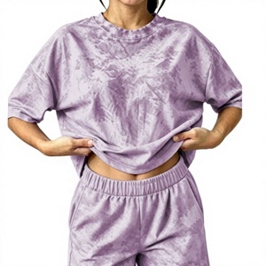 Conjunto de Camiseta de Manga Corta y Pantalones Cortos para Hombre, Estilo Casual, Cintura Elástica, Corte Medio, con Estampado Morado y Lavado Ácido - Product Image 1