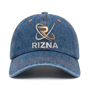 Casquette de baseball en denim RIZNA, 6 panneaux, réglable, unisexe, décontractée, vintage, délavée, logo brodé sur le panneau avant, bleu, coton, boucle métallique - Product Image 1