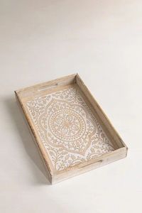 Bandeja rectangular de madera tallada con mandala, bandeja rústica blanqueada, bandeja decorativa para desayuno con asas, estilo bohemio para café y té - Product Image 3