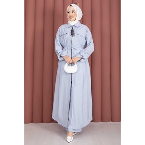 Conjunto de Pantalones y Túnica Azul Cielo Casual de Otoño para Bebé, Dos Piezas Holgadas con Cremallera en la Cintura, Top de Punto de Algodón, Patrón Liso, Tejido de Tela - Product Image 3