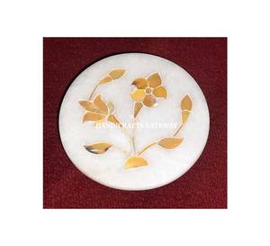 Nouveau fournisseur indien travail d'incrustation de nacre dorée avec forme ronde pour miroir vadrouille de qualité supérieure avec marbre blanc - Product Image 1