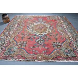 Tapis Turc Oriental Vintage de 9.9x9,9 pieds, Tissage Plat en Laine, Patchwork Rouge Bleu, pour Décoration de Salon, Style Classique, Largeur 4m, Latex - Product Image 1