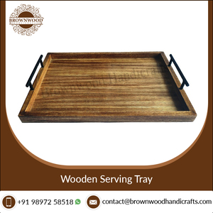 Bandeja de servicio de madera de forma rectangular con acabado de madera natural de calidad superior con asas de metal para servicio de hoteles y restaurantes - Product Image 5
