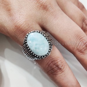 Nuevo Anillo Exclusivo para Hombre con Piedra Preciosa Natural de Larimar, Anillo de Plata de Ley 925 con Piedra de Nacimiento en Todos los Tamaños, Regalo de Navidad Árabe - Product Image 4