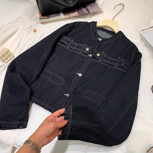 Veste en jean noir femmes mode col rond simple boutonnage manteaux amples Design coréen rétro lavé haut court printemps automne - Product Image 1