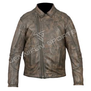 Veste de moto pour hommes de Style traditionnel en cuir de vachette véritable avant poitrine et poches latérales fermeture à glissière à l'intérieur doublure en coton - Product Image 1