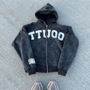 Fabricants de sweats à capuche Vêtements de rue lourds et surdimensionnés Sweats à capuche personnalisés avec fermeture éclair et lavage à l'acide Sweats à capuche pour hommes - Product Image 3