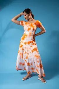 เดรสผ้าเรยอนมัดย้อมสำหรับผู้หญิงเดรสเอวสูงคอกลมยาวครึ่งแขนสำหรับใส่ไปทะเลฤดูร้อน - Product Image 5