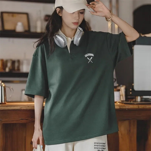 Maden Vintage revers collège à manches courtes polos pour femmes ample tricoté grande taille Golf Tee 2023 été décontracté coton T-shirt - Product Image 3